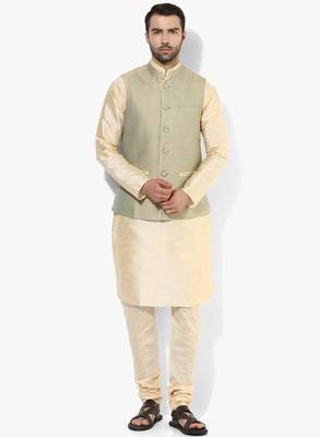 Beige printed blended cotton nehru-jacket 5