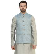 Blue printed blended cotton nehru-jacket