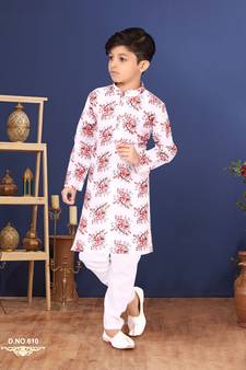 Boy's Off White Cotton Printed Kurta Churidar