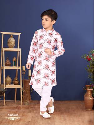 Boy's Off White Cotton Printed Kurta Churidar 1