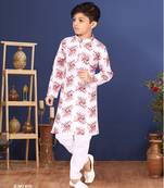 Boy's Off White Cotton Printed Kurta Churidar