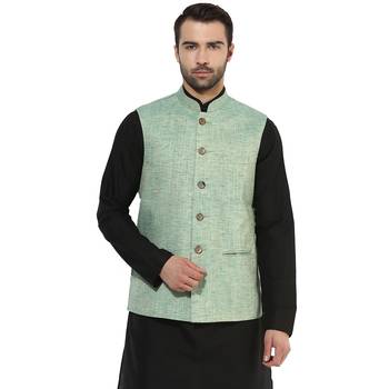 Blue plain blended cotton nehru-jacket 1