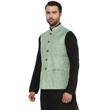Blue plain blended cotton nehru-jacket 2