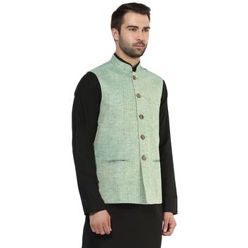 Blue plain blended cotton nehru-jacket 3