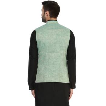 Blue plain blended cotton nehru-jacket 4