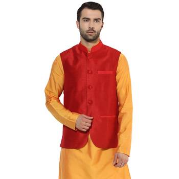 Red plain blended cotton nehru-jacket 1