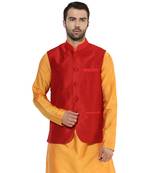 Red plain blended cotton nehru-jacket