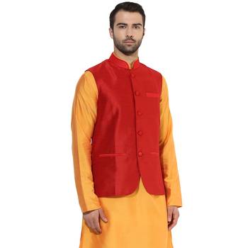 Red plain blended cotton nehru-jacket 2