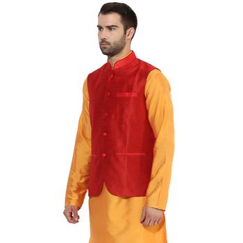 Red plain blended cotton nehru-jacket 3