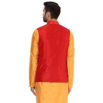 Red plain blended cotton nehru-jacket 4