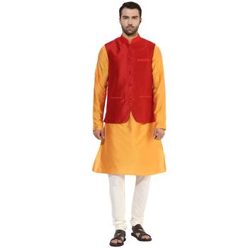 Red plain blended cotton nehru-jacket 5