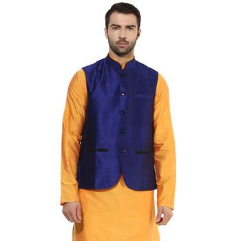 Blue plain blended cotton nehru-jacket 1