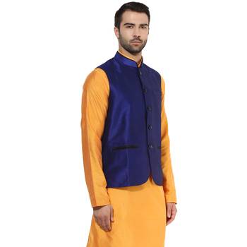 Blue plain blended cotton nehru-jacket 2