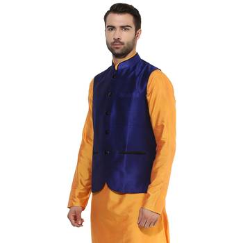 Blue plain blended cotton nehru-jacket 3