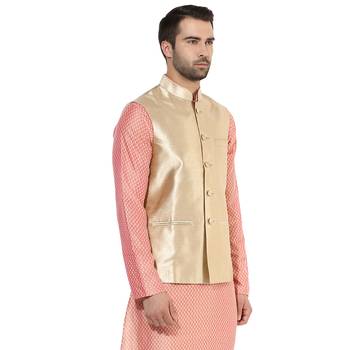 Beige plain blended cotton nehru-jacket 2