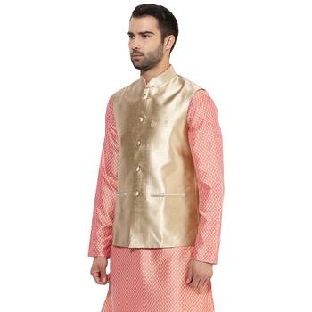 Beige plain blended cotton nehru-jacket 3