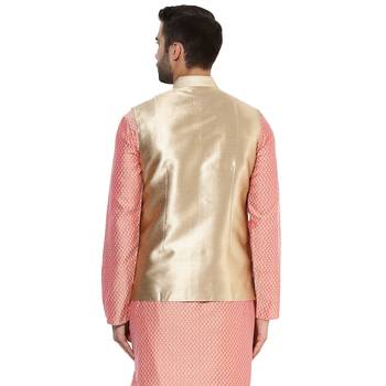 Beige plain blended cotton nehru-jacket 4