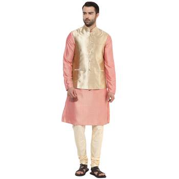 Beige plain blended cotton nehru-jacket 5