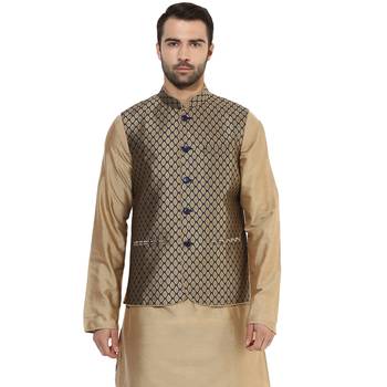 Blue printed blended cotton nehru-jacket 1