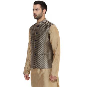 Blue printed blended cotton nehru-jacket 3