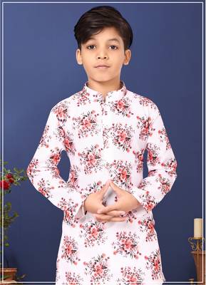 Boy's Off White Cotton Printed Kurta Churidar 7