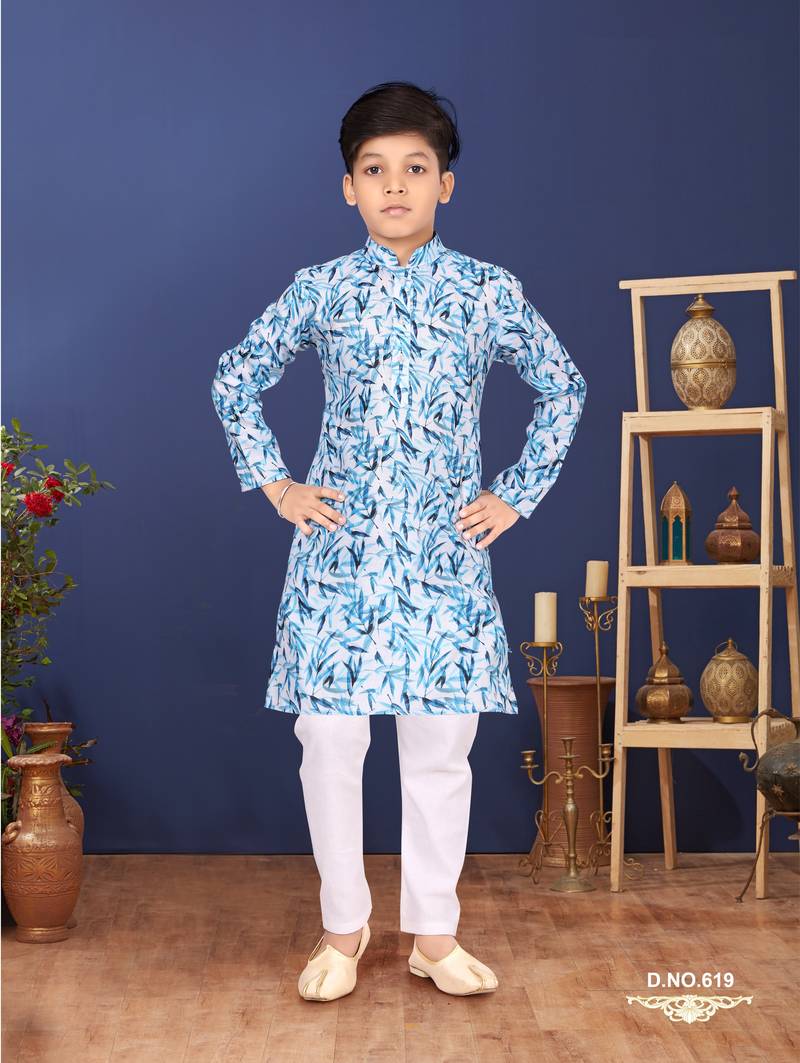 Boy's Off White Cotton Printed Kurta Churidar