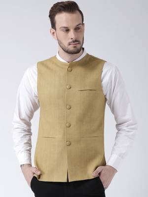 Beige plain blended cotton nehru-jacket 1
