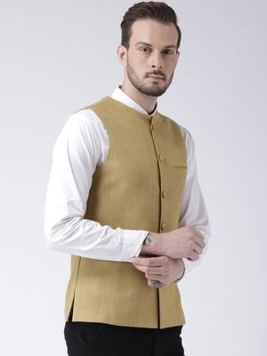 Beige plain blended cotton nehru-jacket 2