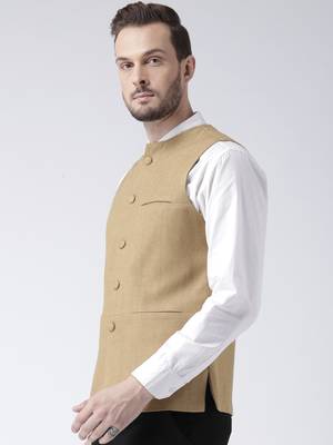 Beige plain blended cotton nehru-jacket 3