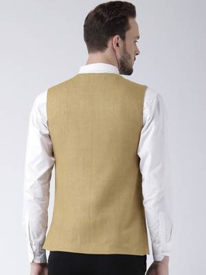 Beige plain blended cotton nehru-jacket 4