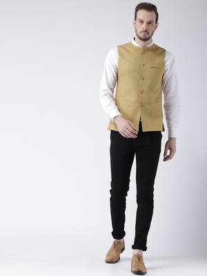 Beige plain blended cotton nehru-jacket 5