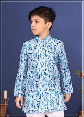Boy's Off White Cotton Printed Kurta Churidar 1