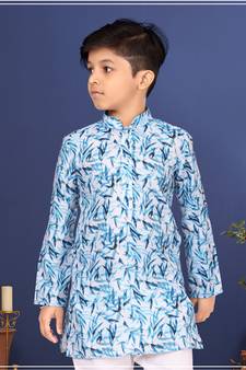 Boy's Off White Cotton Printed Kurta Churidar
