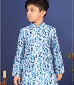 Boy's Off White Cotton Printed Kurta Churidar
