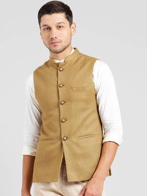 Beige plain blended cotton nehru-jacket 1