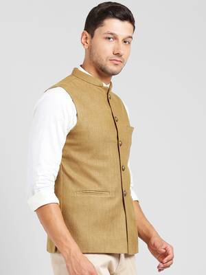 Beige plain blended cotton nehru-jacket 2