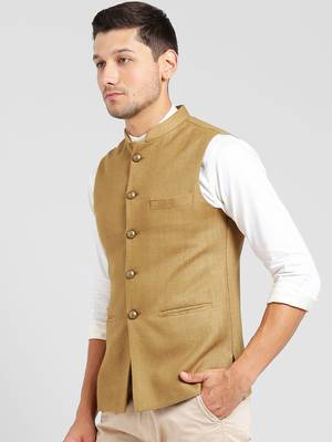 Beige plain blended cotton nehru-jacket 3