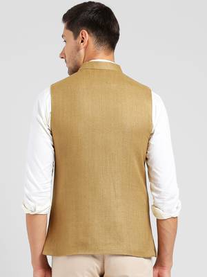 Beige plain blended cotton nehru-jacket 4