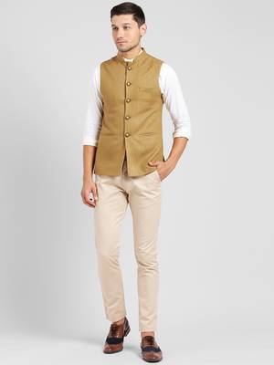 Beige plain blended cotton nehru-jacket 5