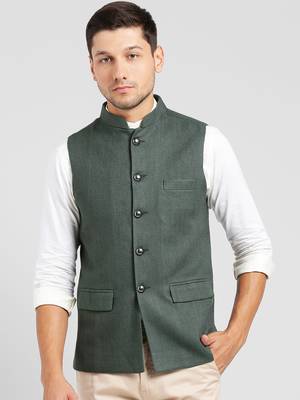Green plain blended cotton nehru-jacket 1
