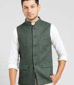 Green plain blended cotton nehru-jacket