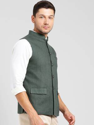 Green plain blended cotton nehru-jacket 2