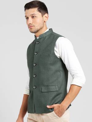 Green plain blended cotton nehru-jacket 3