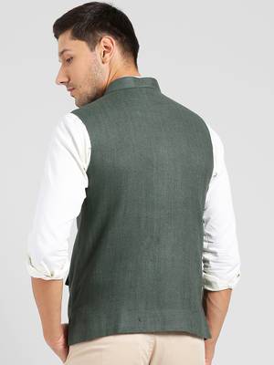 Green plain blended cotton nehru-jacket 4