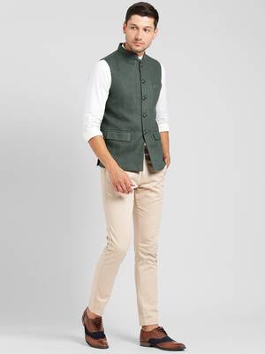 Green plain blended cotton nehru-jacket 5