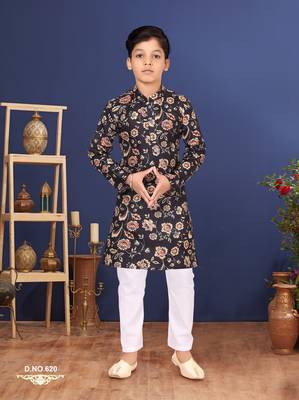 Boy's Black Cotton Printed Kurta Churidar 7