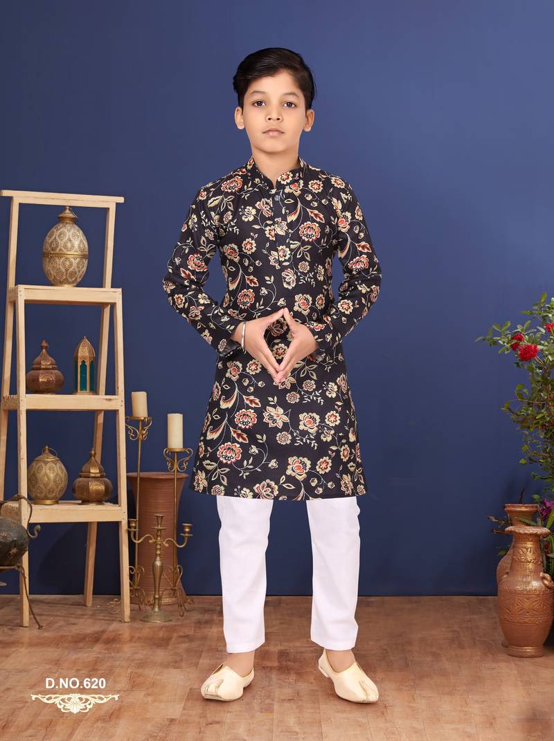 Boy's Black Cotton Printed Kurta Churidar