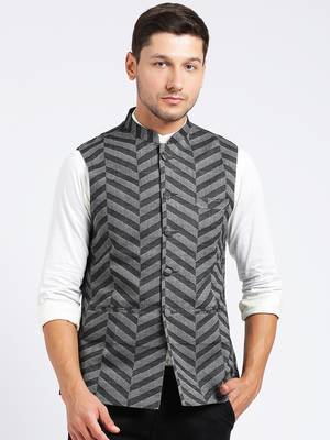 Grey printed blended cotton nehru-jacket 1