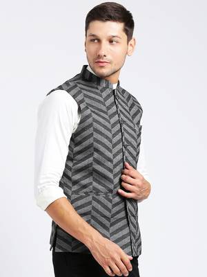 Grey printed blended cotton nehru-jacket 2