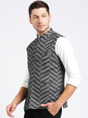 Grey printed blended cotton nehru-jacket 3